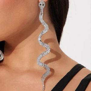 Trendy Rhinestone Crystal Long Silver Snake Bite Dangle Earrings